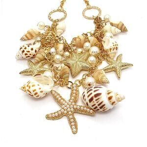 Chunky Gold Shell Charm Necklace Starfish Pearls Statement Coastal Jewelry NWT